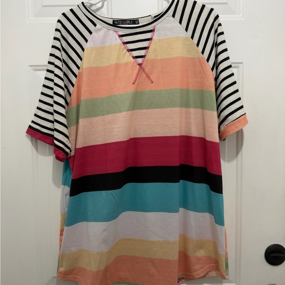 Cato Multicolor Striped Short Sleeve Top